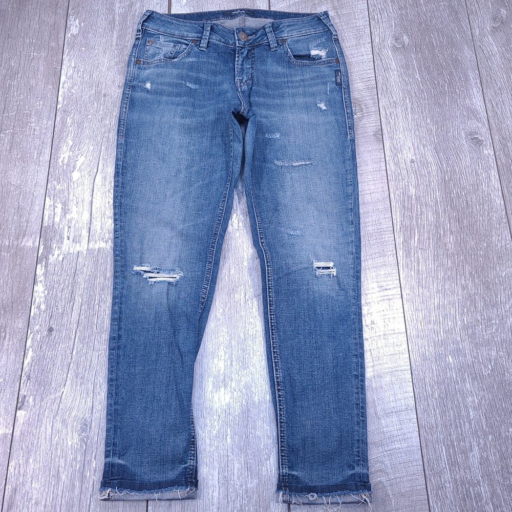 Silver Jeans Kenni Womens Size 27x27 Blue Distressed Raw Hem Skinny Stretch
